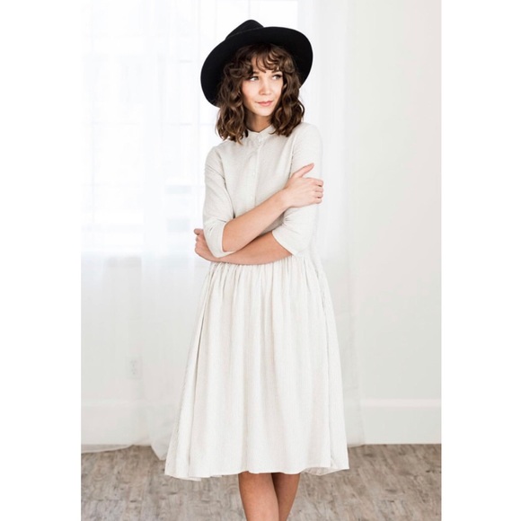 Dresses & Skirts - White/Black Striped Modest Midi Dress